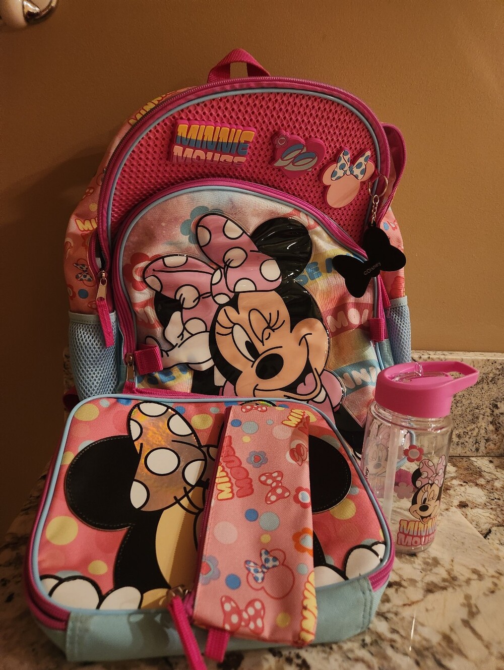 Disney Pink Minnie Mouse Backpack Set with Matching Lunchbox and Water Bottle